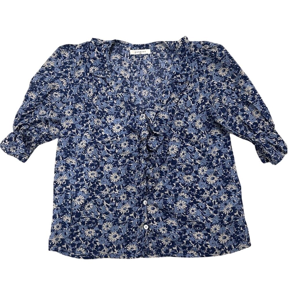 Paneros Ruffled V-Neck Floral Pleated Feminine Cottagecore SS Top Blue White, XS